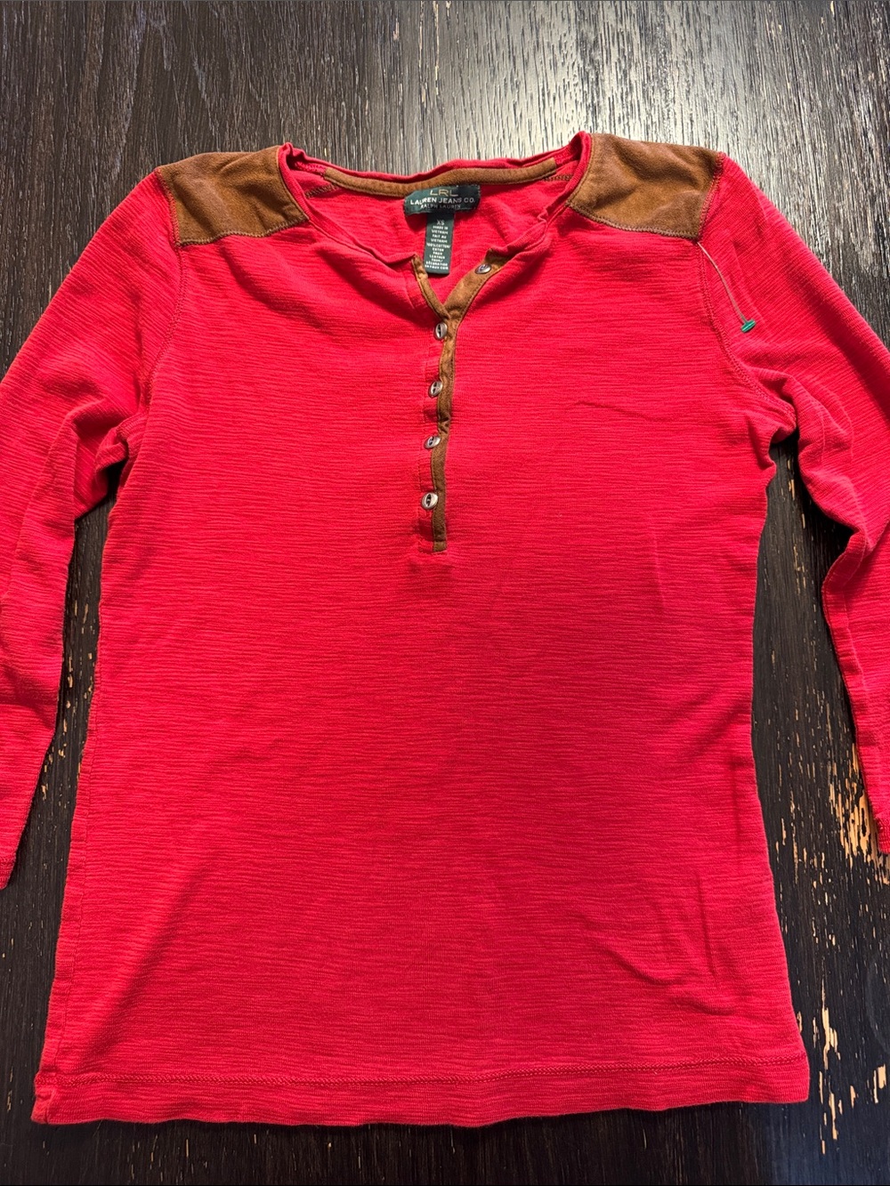 Lauren Ralph Lauren Red Long-Sleeve Henley with Brown Shoulder Panels